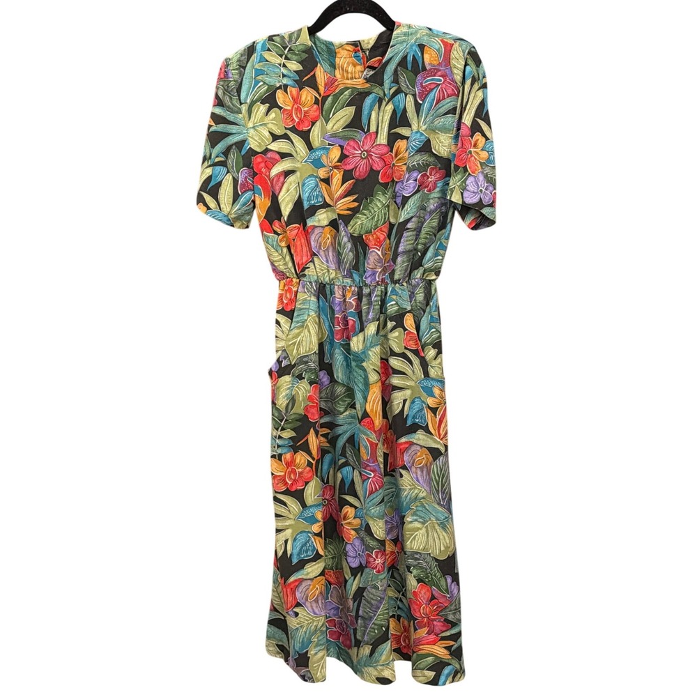 90s Jean Leslie Midi Dress Tropical Floral Botanical Hawaiian Summer Vacation